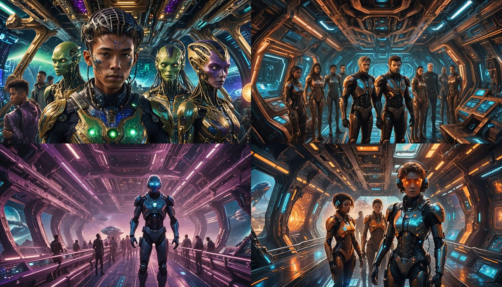 Cyborg on Starship with Alien Crew in Detailed Matte Paintin...