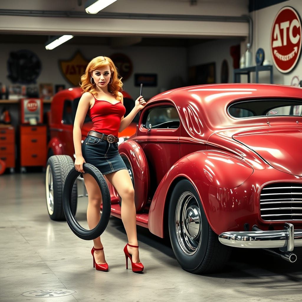 Retro Garage Scene with Pinup Girl and Vintage Hot Rod