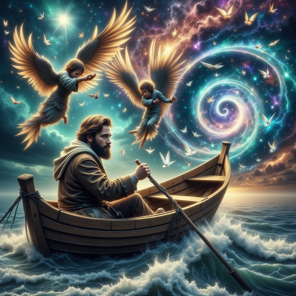 Lone Sailor Adrift on Ocean with Angels