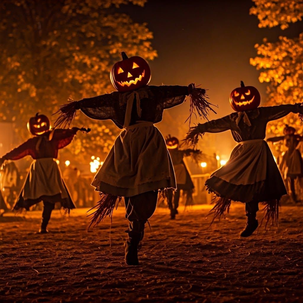 Rustic Scarecrows' Joyful Dance in Golden Light