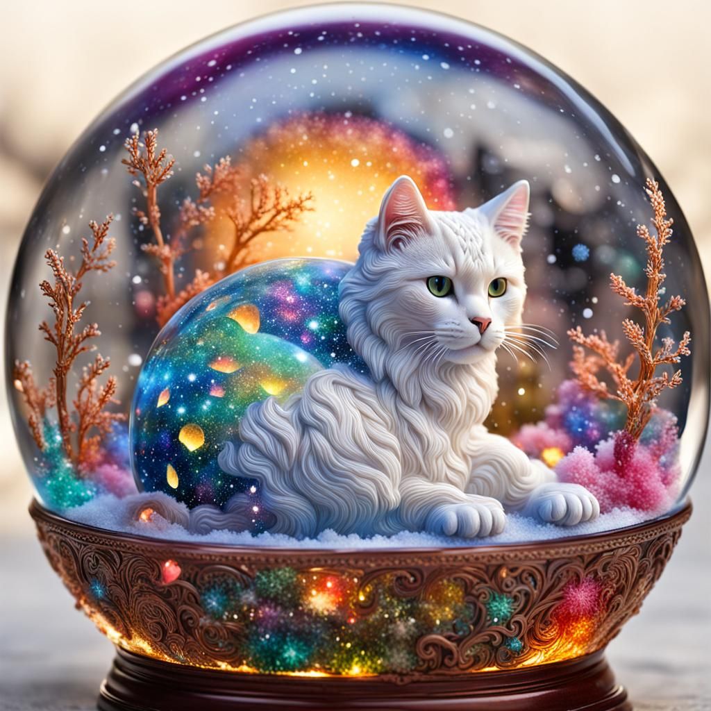 Magical Cat Inside Colorful Snow Globe