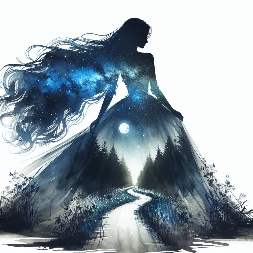 Woman Silhouette Filled With Landscape in Watercolor & Ink S...