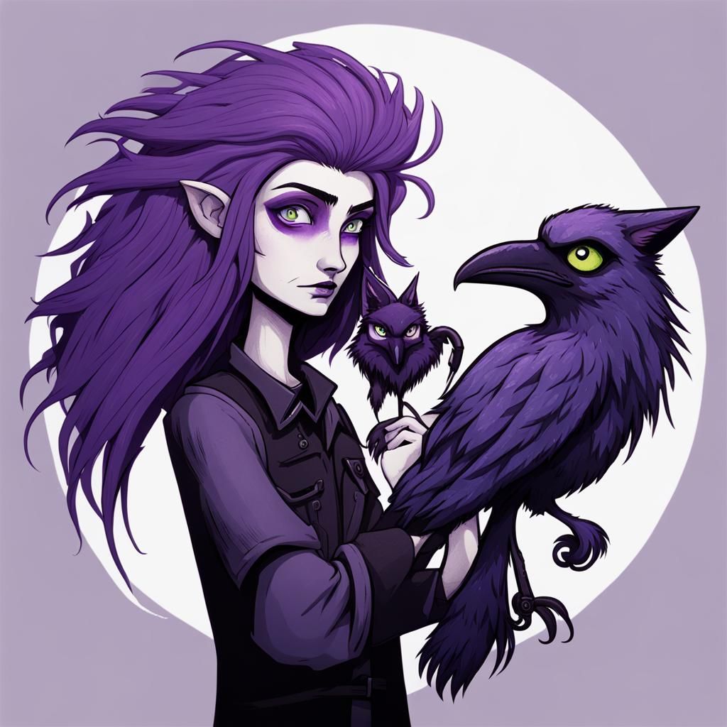 Purple Wolf-Man Holding Raven in Burton Style
