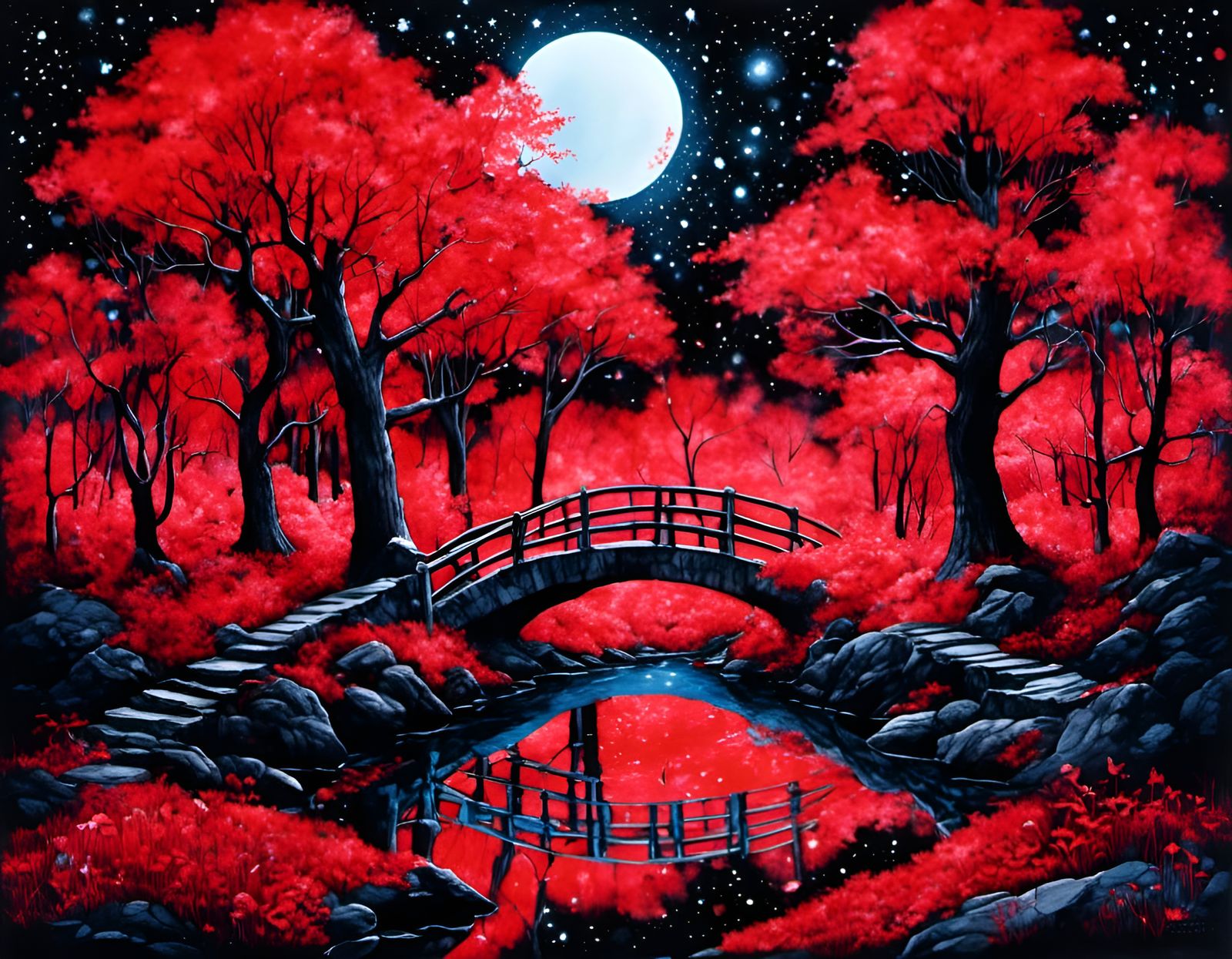 <lora:Autumn Winter:1.0> bridge, path through Whimsical Red Fantasy enchanted forest, hyperdetailed illustration, black ...