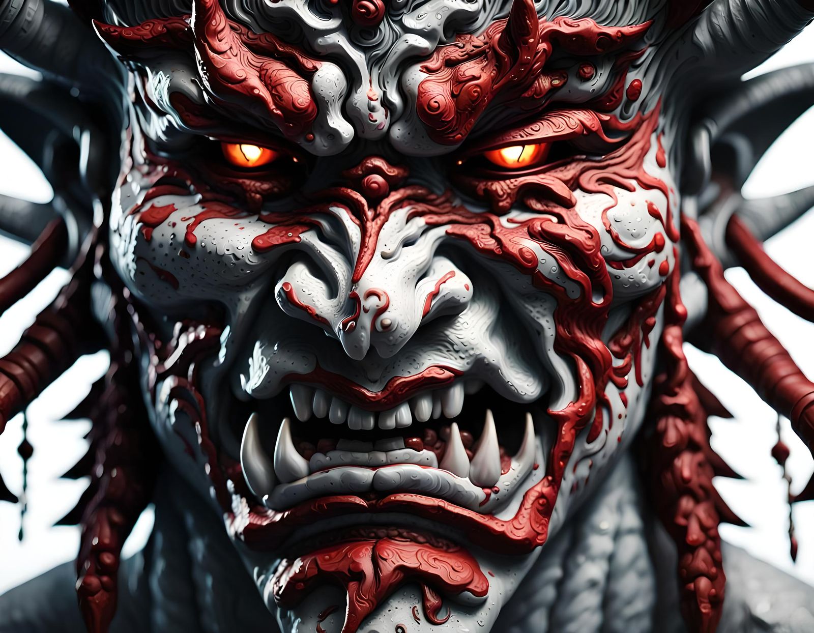 Dramatic Hyperrealistic Oni Face in Splash Art Style