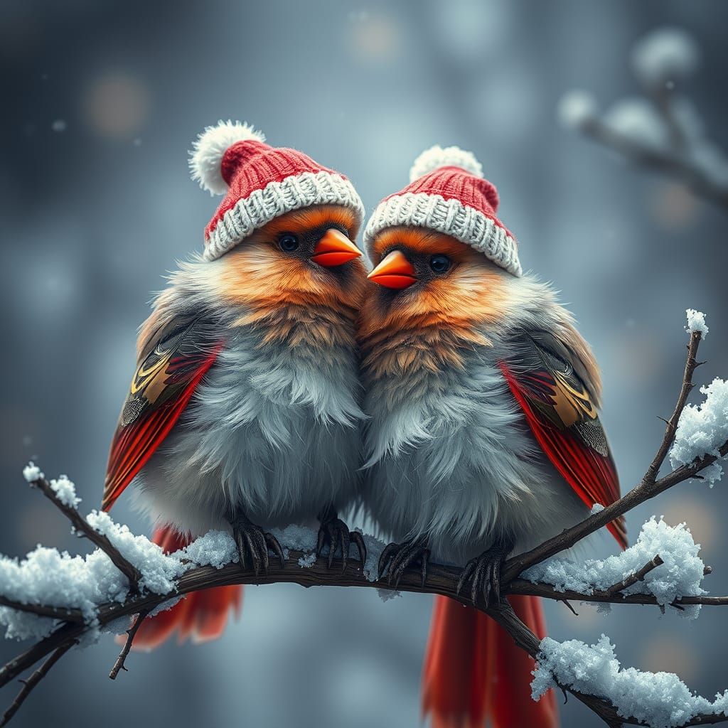 Cardinals in Christmas Sweaters on Winter Branch
