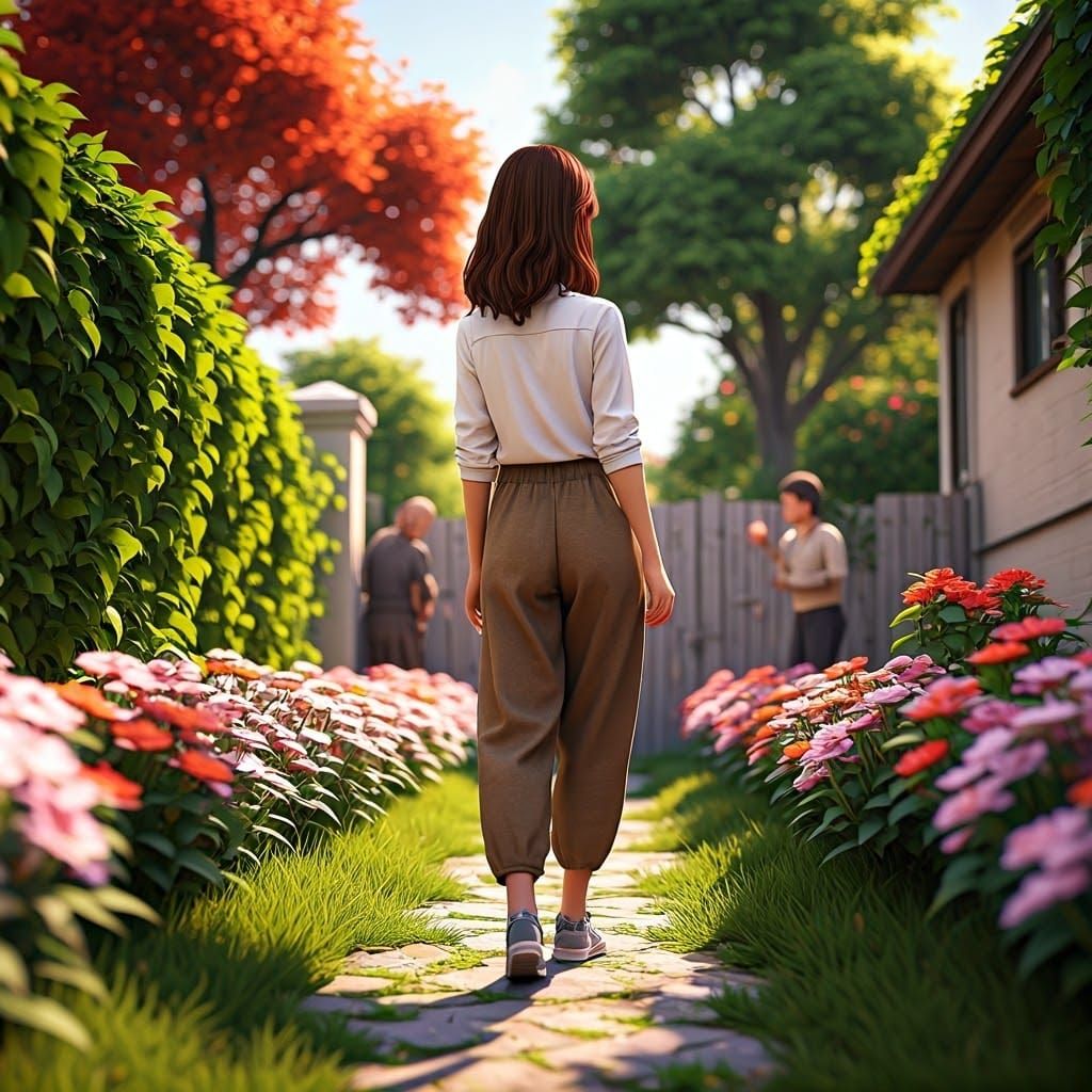 Woman's Vibrant Garden Display in 3D Anime Style