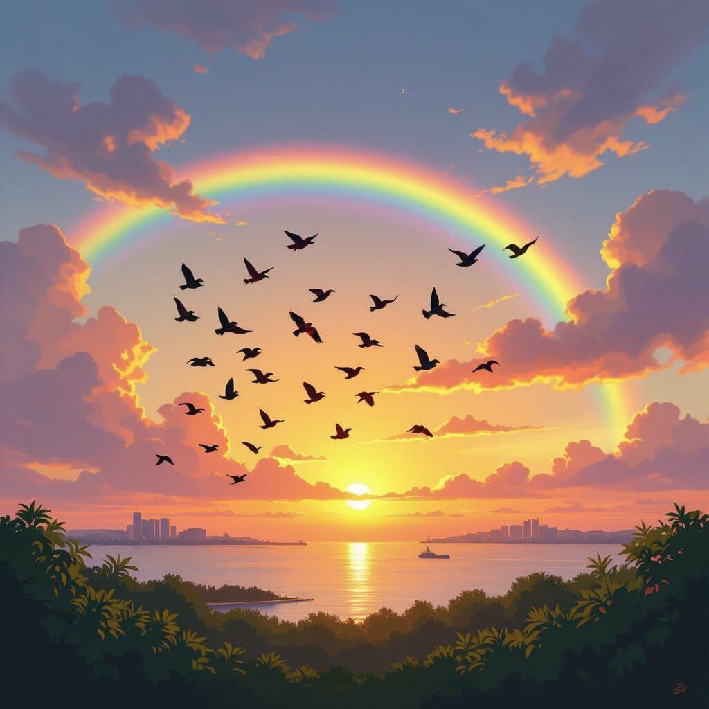 Birds Flying Over Rainbow Sunset, Dreamy Landscape