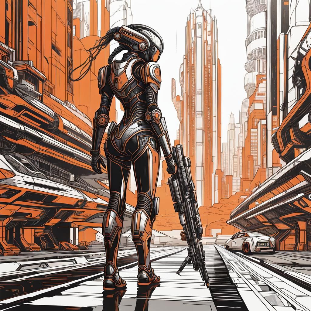 Detailed Line Art of Female Mecha in Metropolis