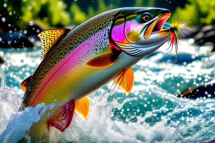 Rainbow Trout Leaping from Mountain Stream, Golden Sunlight