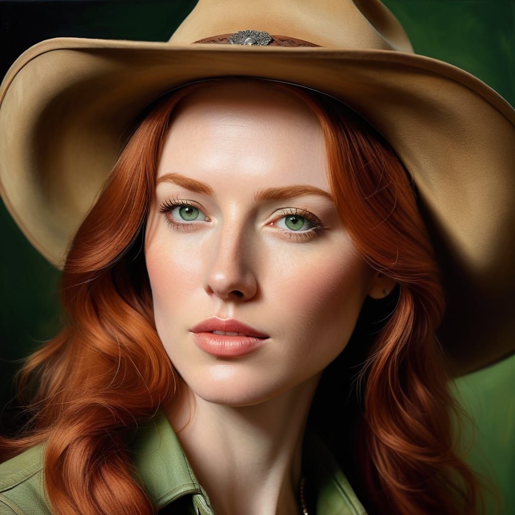 Elegant Red-Haired Cowgirl in Renaissance Oil Painting