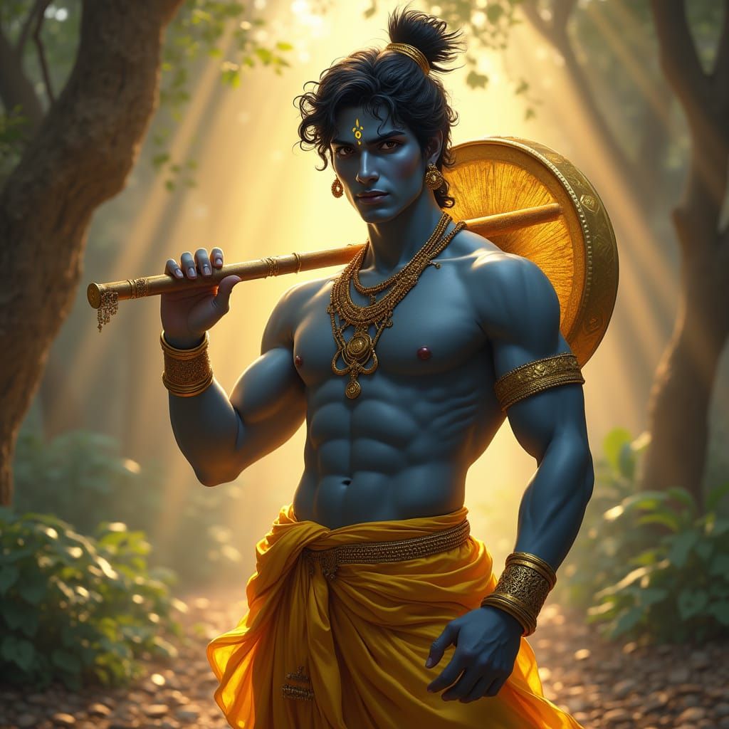 Indian Warrior Prince with Flute, Raja Ravi Varma Style