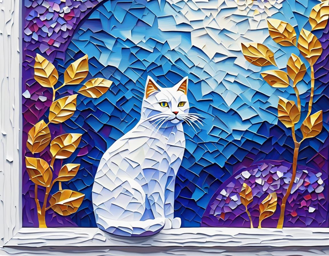 Abstract Geometric Impasto Painting of Cat on Sill