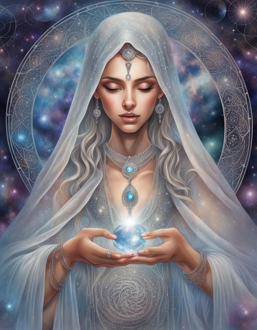 Oracle Predicts Future with Pendulum in Starry Scene