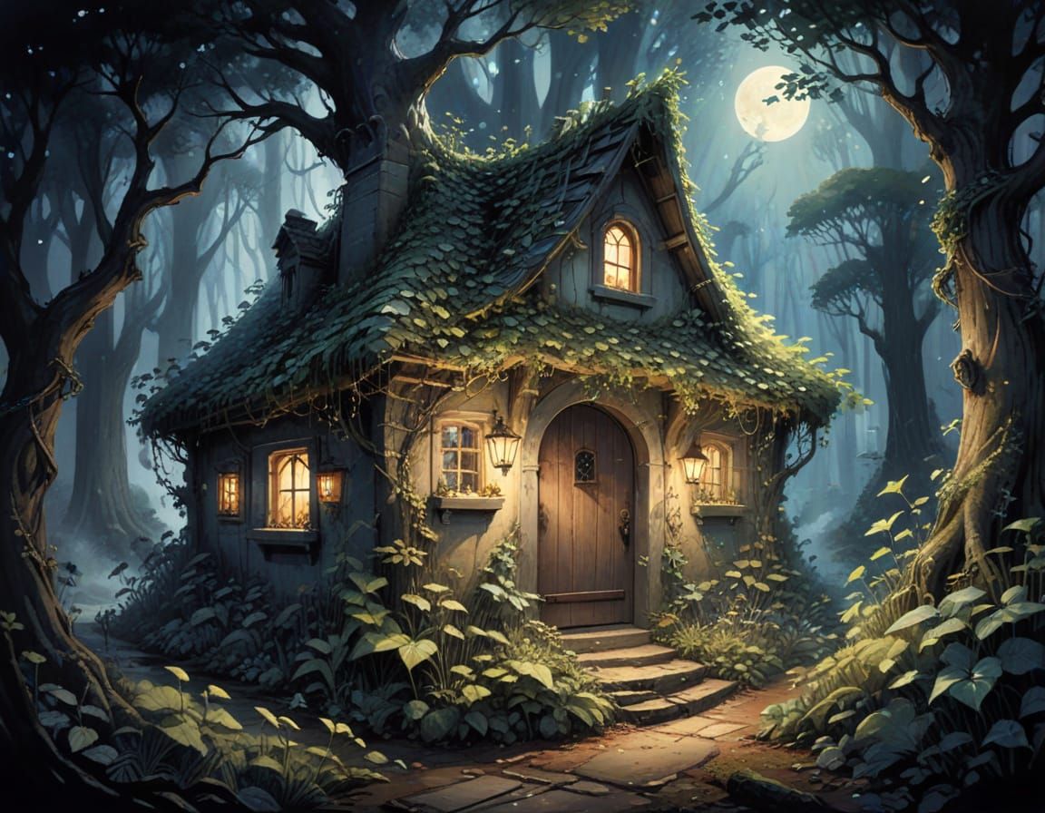Enchanted Witch's Cottage in Midnight Forest