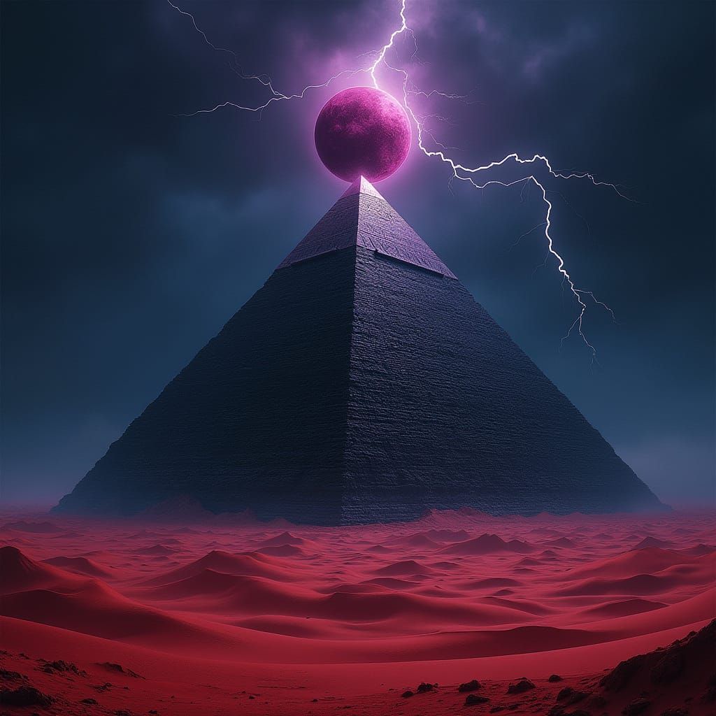 Obsidian Pyramid Rises from Crimson Desert in Mysterious, Co...