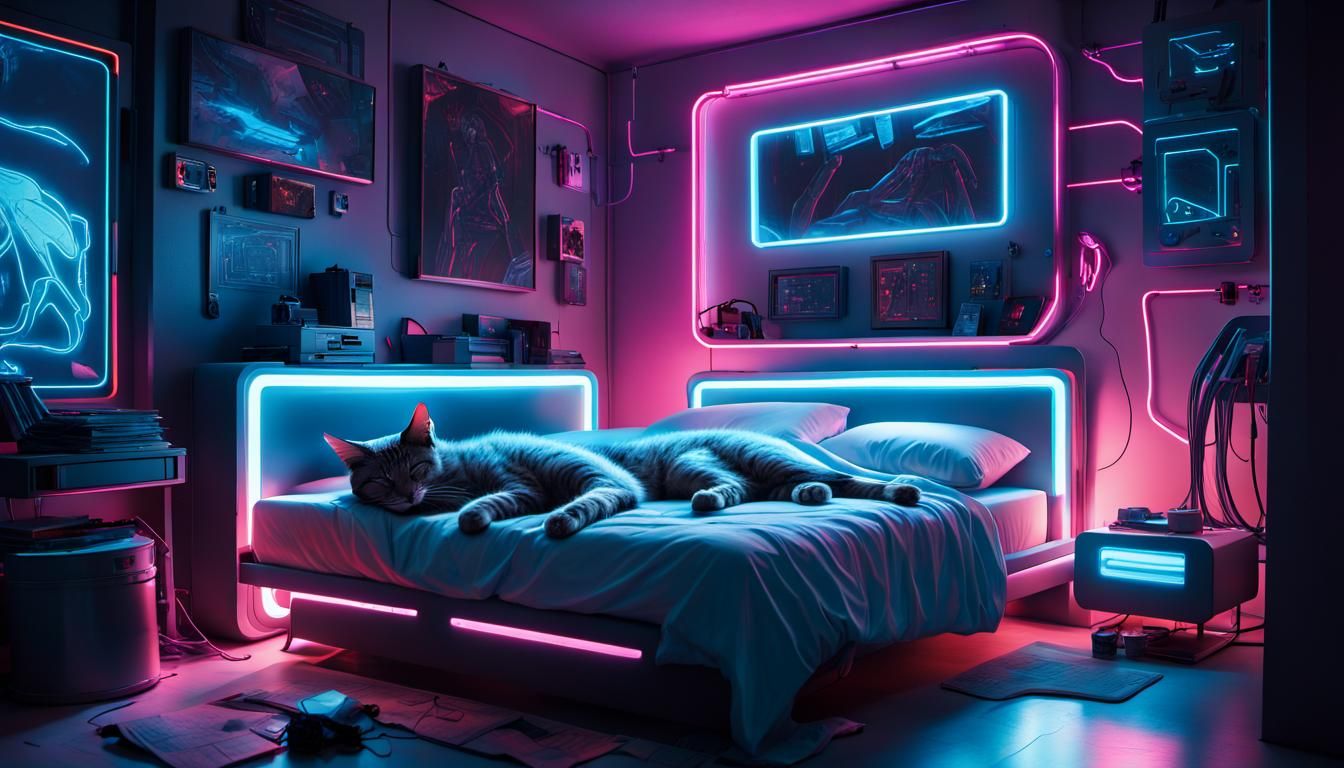 Cyberpunk Cat Nap in Neon-Lit Bedroom