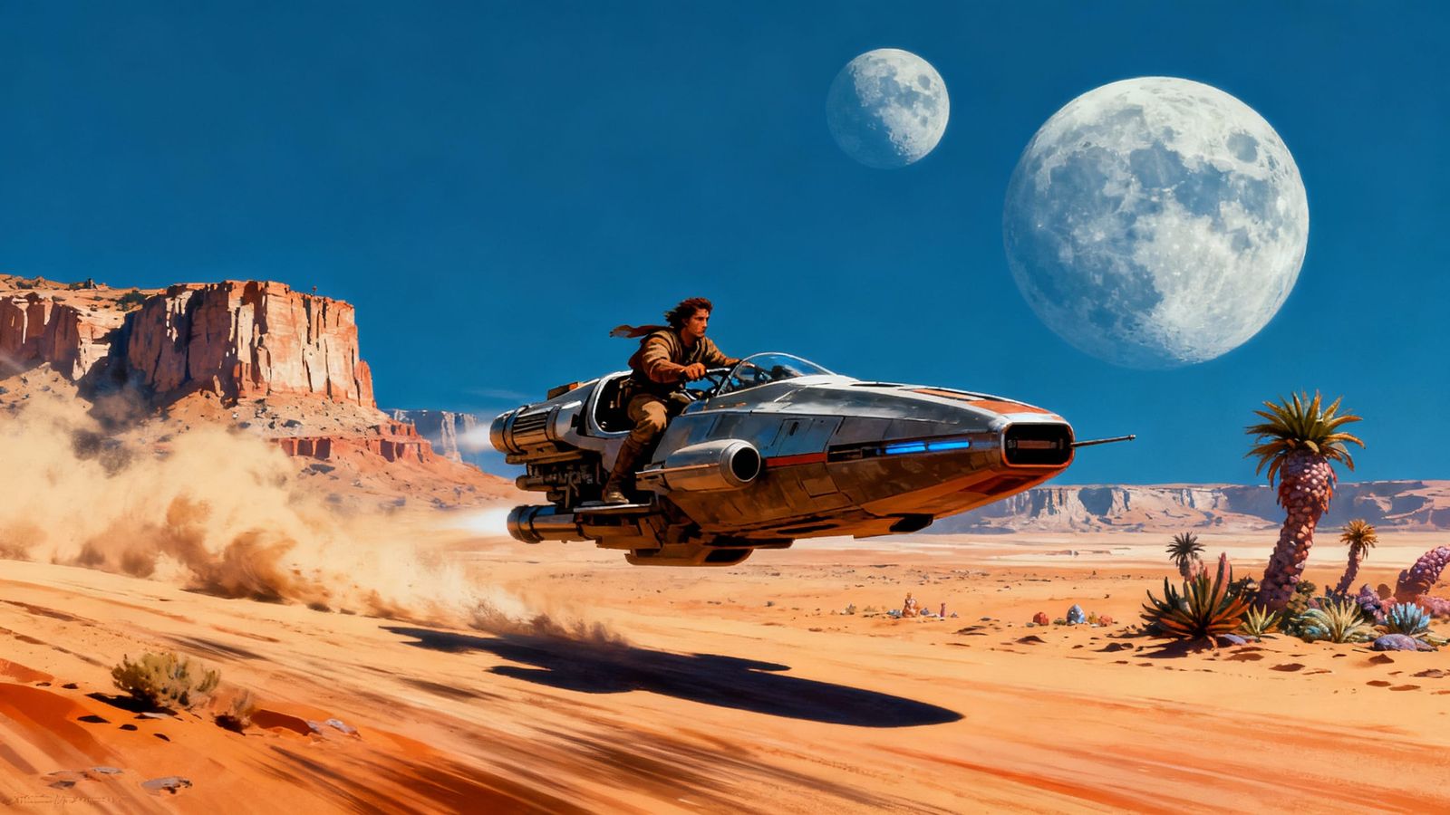 Lone Speeder on Alien Desert Planet Under Two Moons