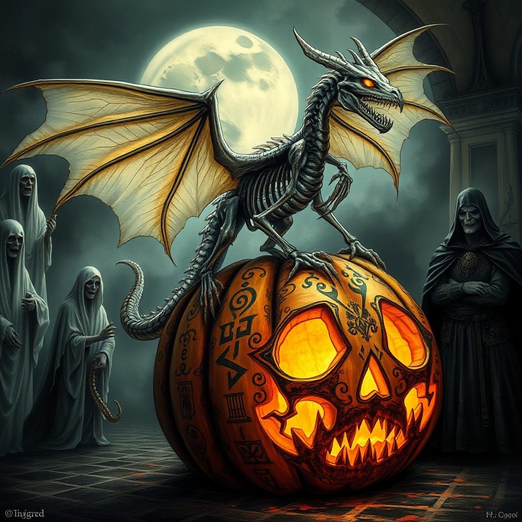 Skeletal Dragon on Pumpkin, Dark Fantasy Art