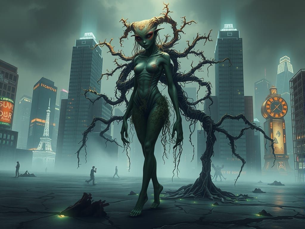 Utopic Alien Lady in Verdant Overgrown Cityscape