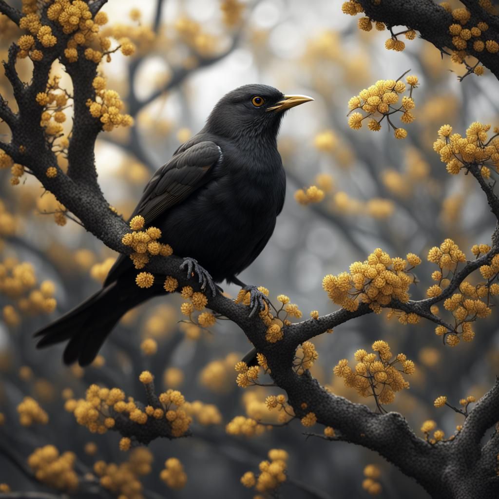 Black and White Bird with Gold Flowers