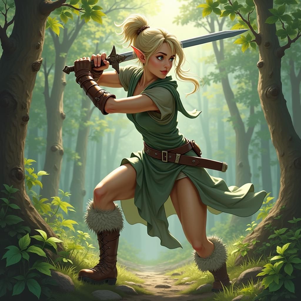 Wood Elf Fighter in Magical Forest Battle