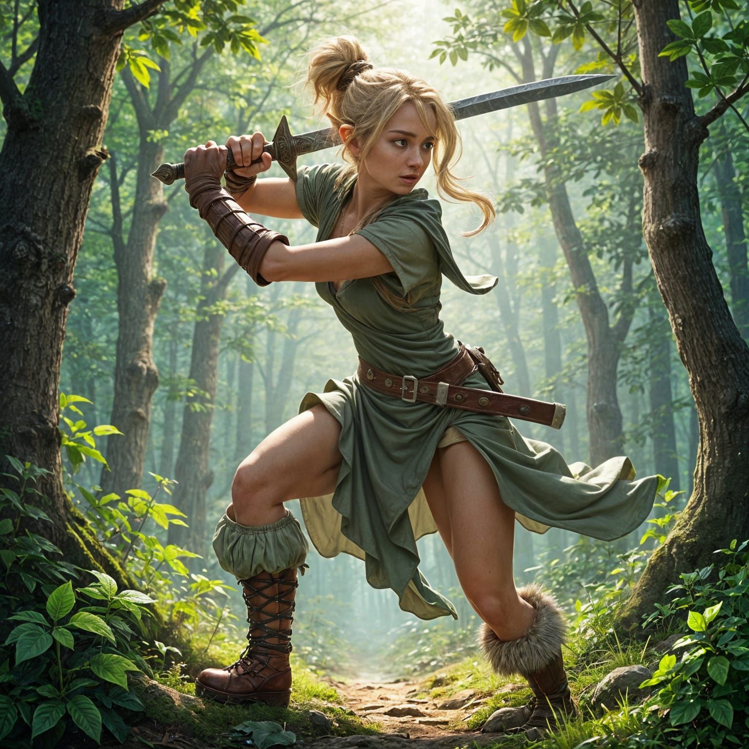 Wood Elf Warrior Mid-Battle in Magical Forest