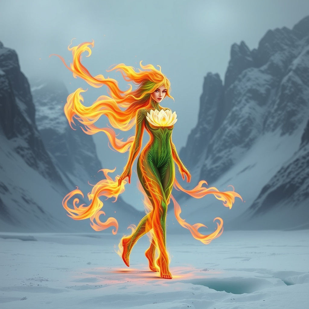 Flame Maiden in Frozen Tundra Landscape