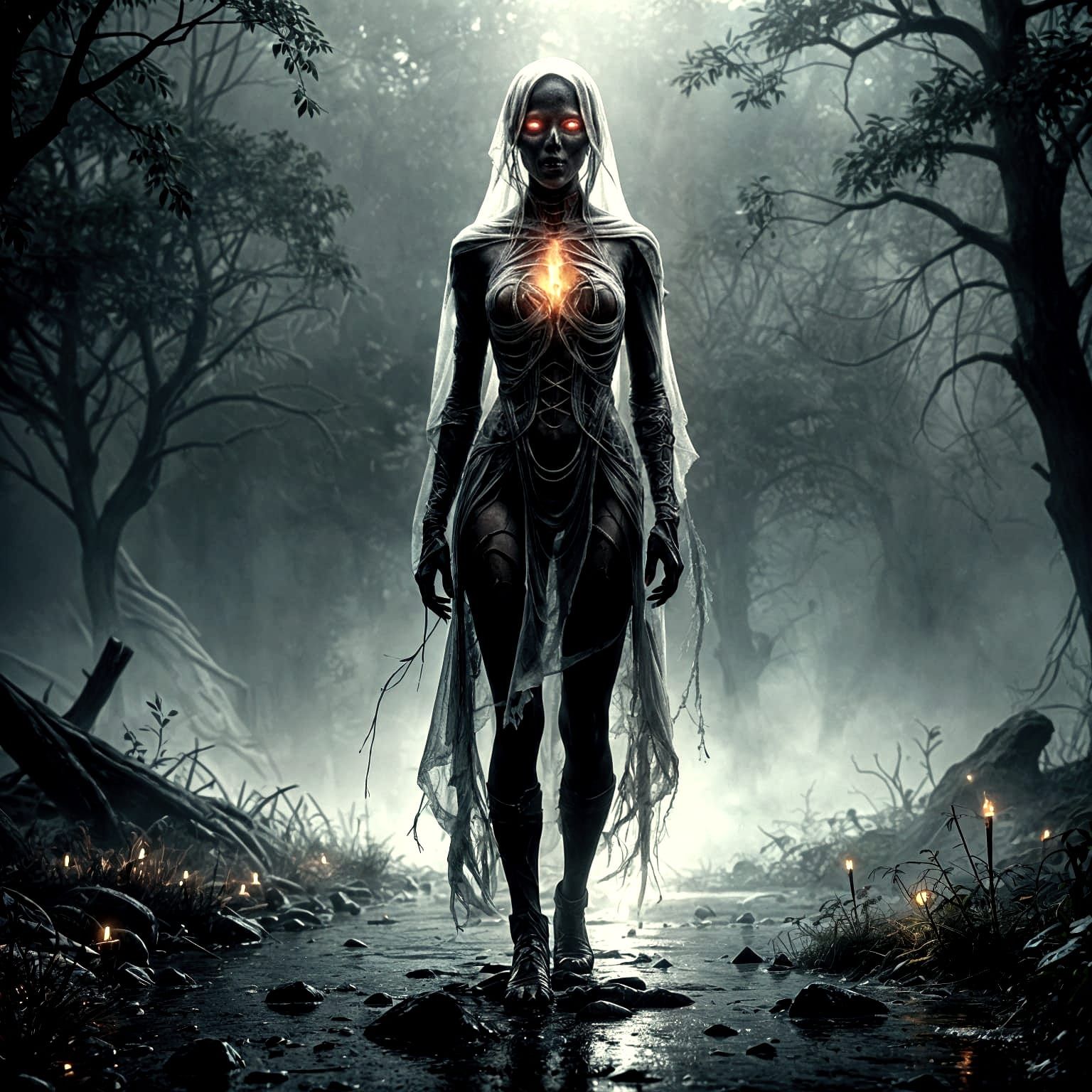 Ethereal Ghostly Figure Emerges from Fog in a Dark, Macabre ...