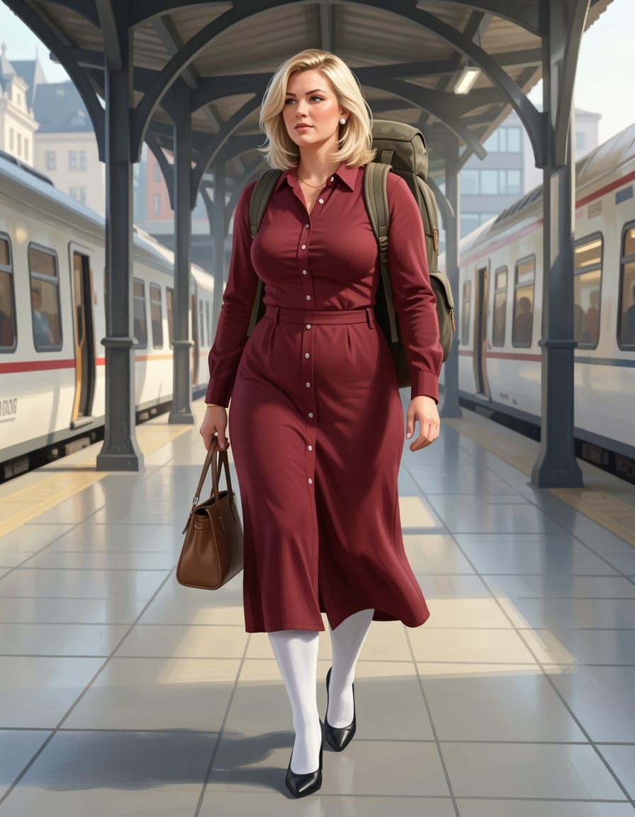 Woman in Shirtdress at Train Station, Semi-Realistic Paintin...