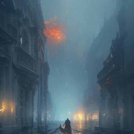 Flaming Snowfall in Dark Fantasy Style