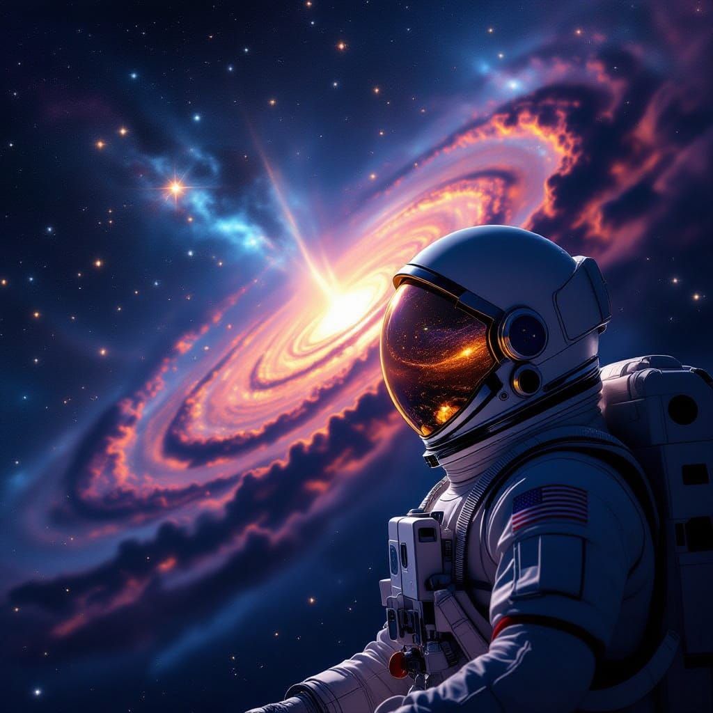 Astronaut Adrift Reflecting Galaxy in Cosmic Void