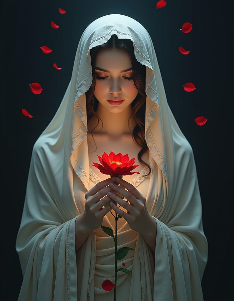Dreamlike Woman with Crimson Flower in Void