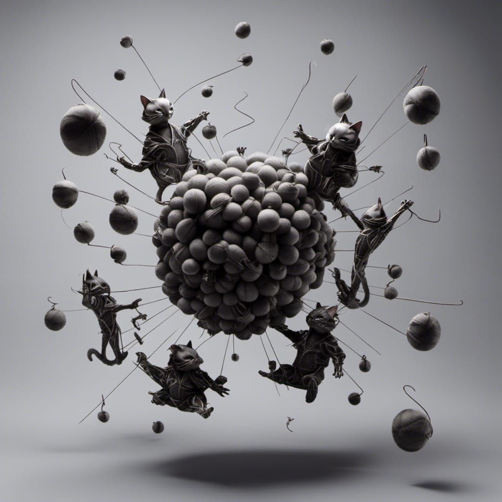 Kittens Play with String in Dark Fantasy Style