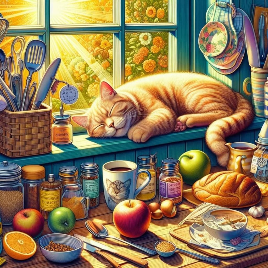 Cat Nap: Detailed Gouache Painting in Kitchen