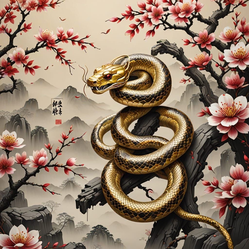 Golden Snake in Elegant Taiwanese Calligraphy Style
