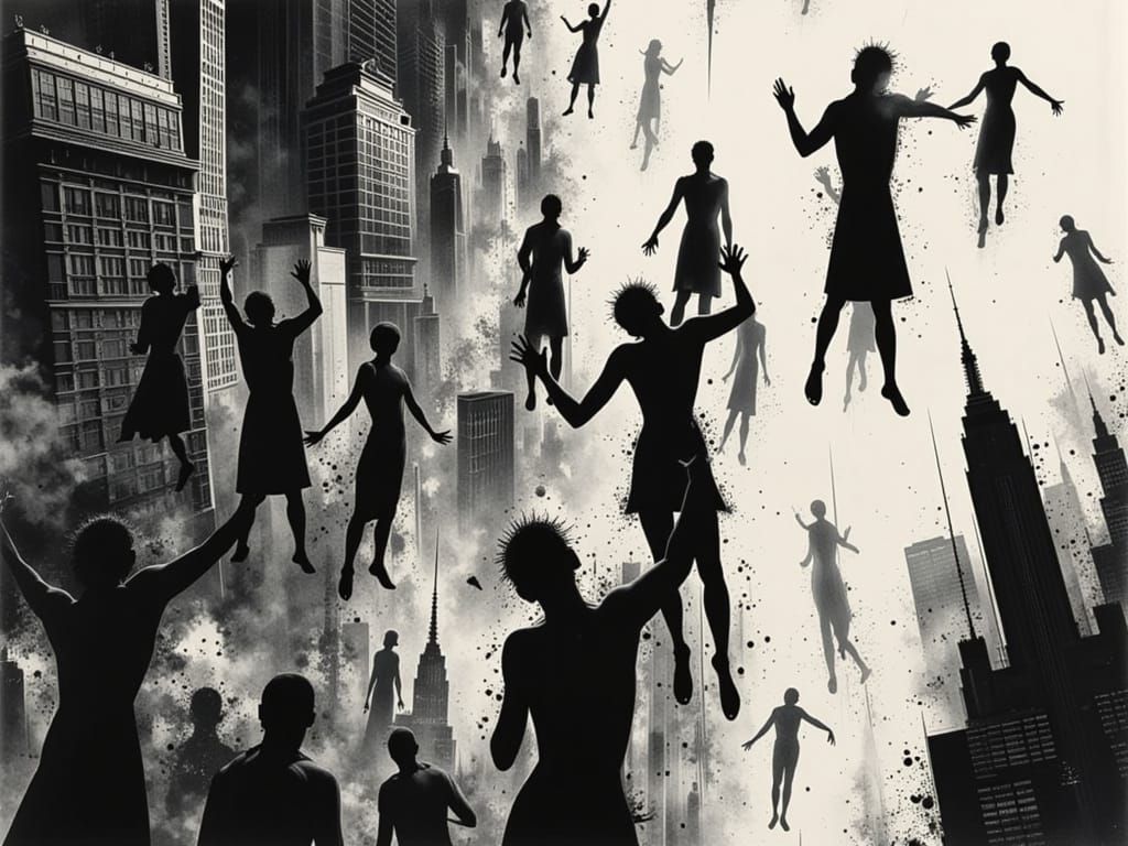 Monochrome Ink Illustration of Falling Figures in Cityscape