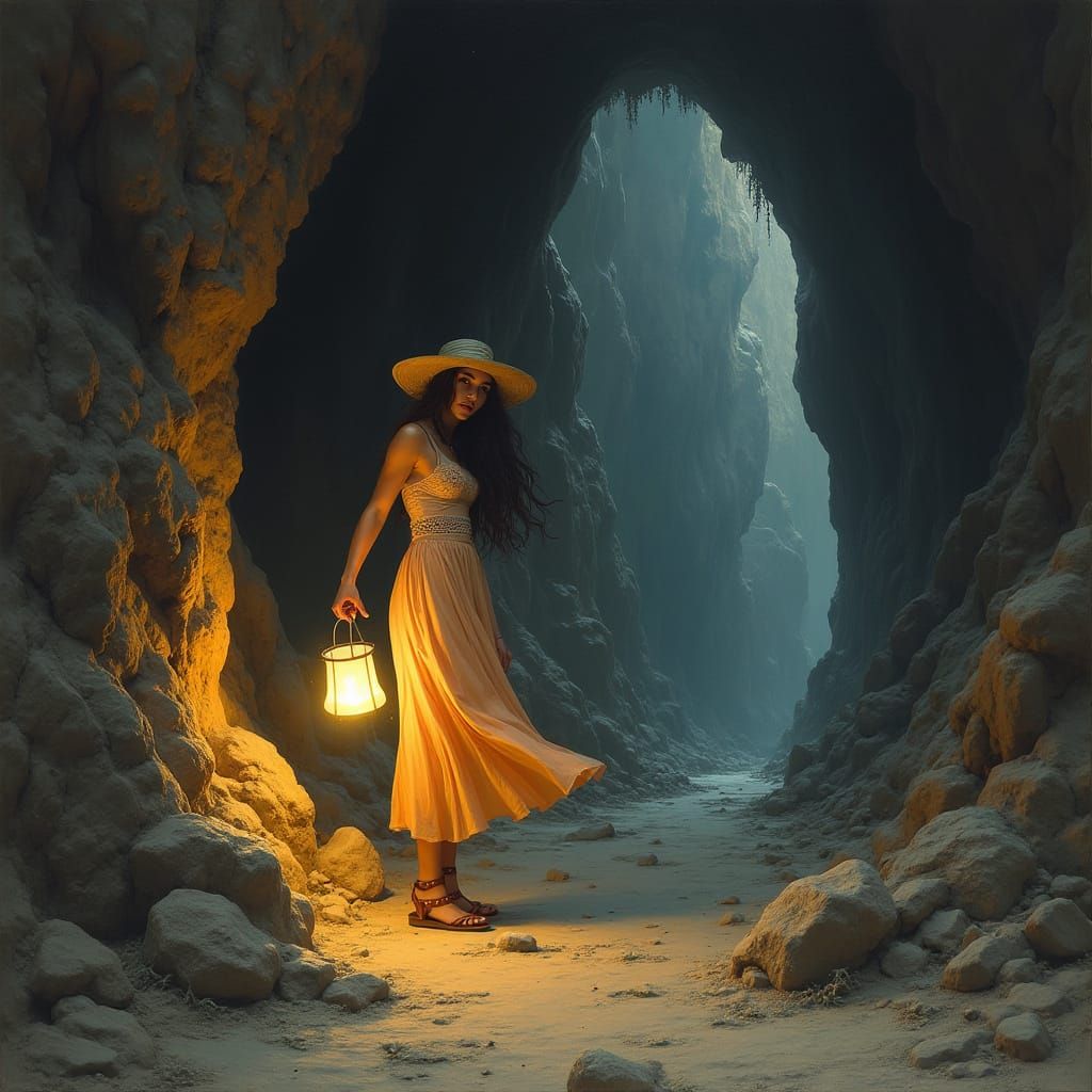 Heroic Adventurer and 12 Women Enter a Dark Cave in a Fantas...