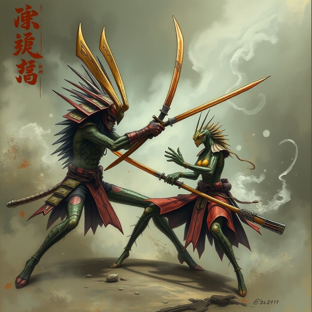 Mantis Samurai Battles Fiendish Oni in Epic Samurai Art