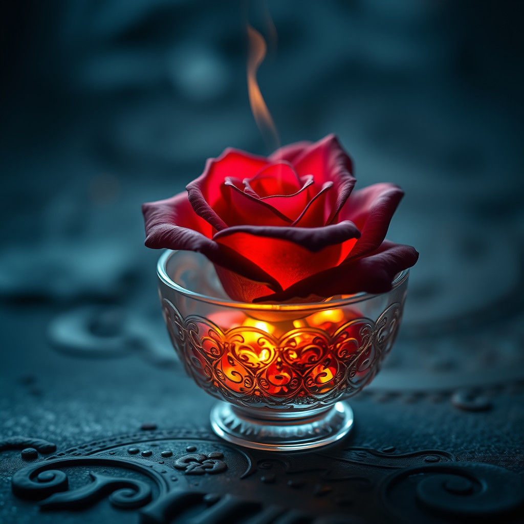 Flaming Rose in Glass Bowl, Digital Matte Painting