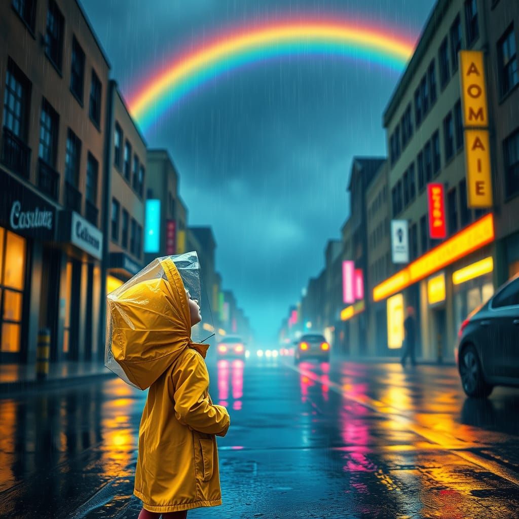 Young Girl Sees Rainbow Sky Through Rainy Street