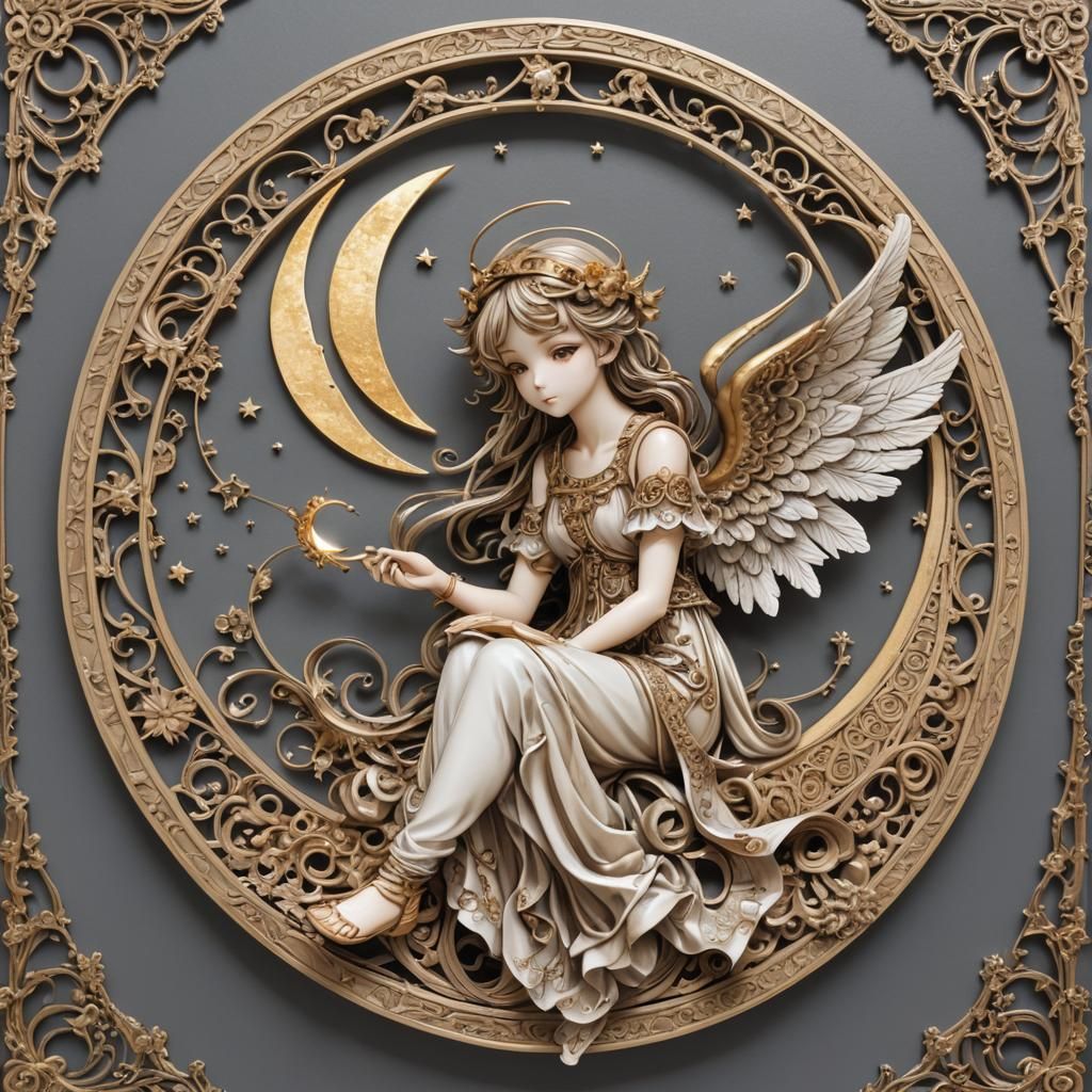 Anime Angel on Crescent Moon in Arcane Style