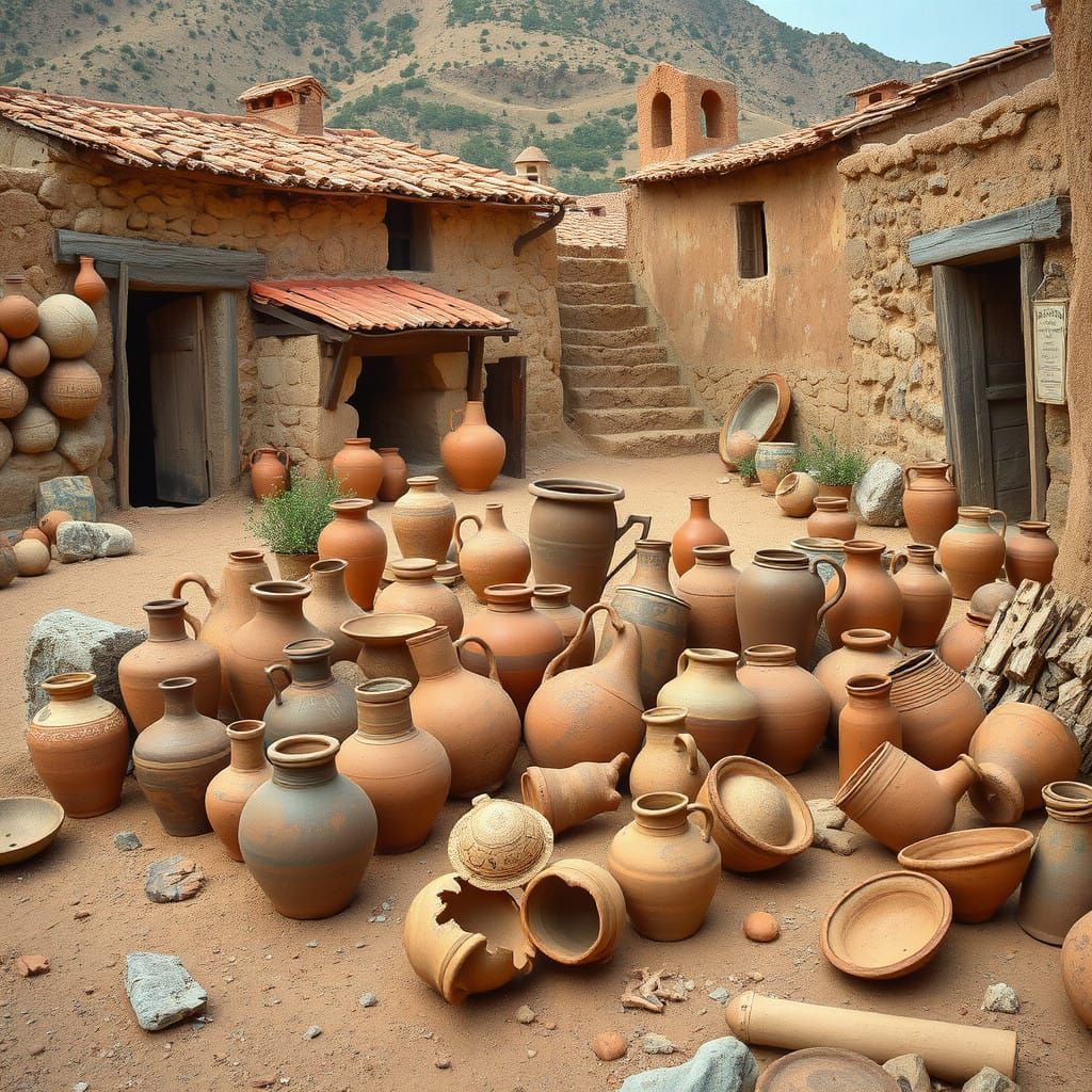 Ancient Terracotta Pottery Scattered in Rustic Village