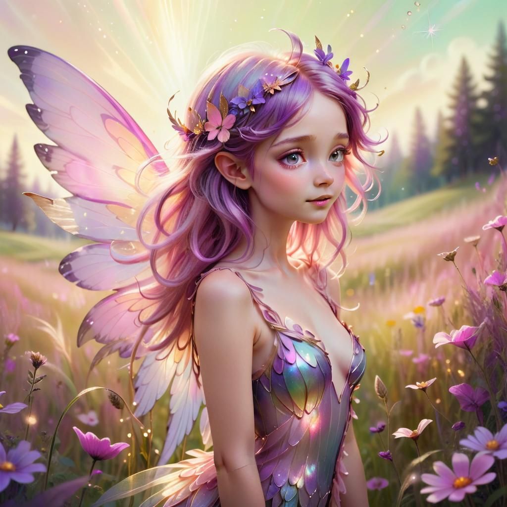 Pink-Winged Fairy in Lush Meadow