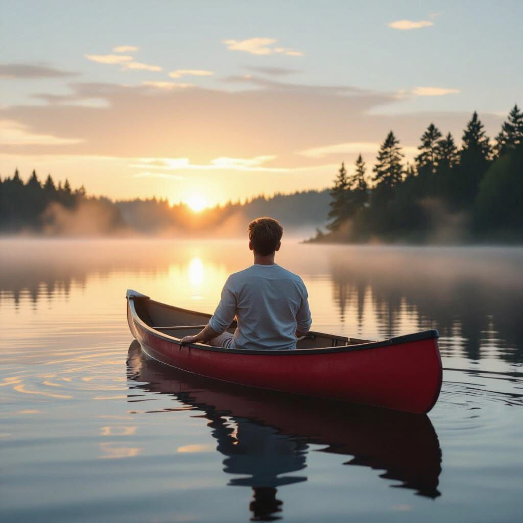 Nordic Lake Sunrise: Man in Canoe