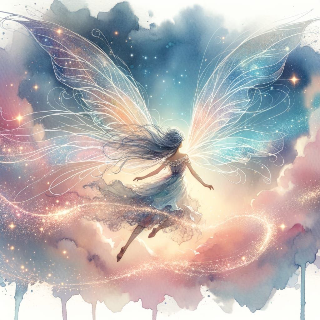 Night Fairy Soaring Through Pastel Sky in Watercolor