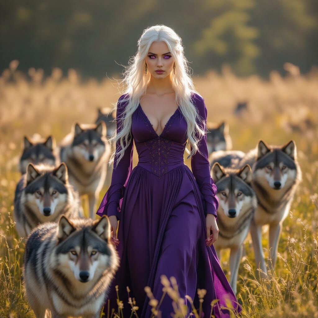 Woman in Purple Dress Walks With Wolves in Meadow