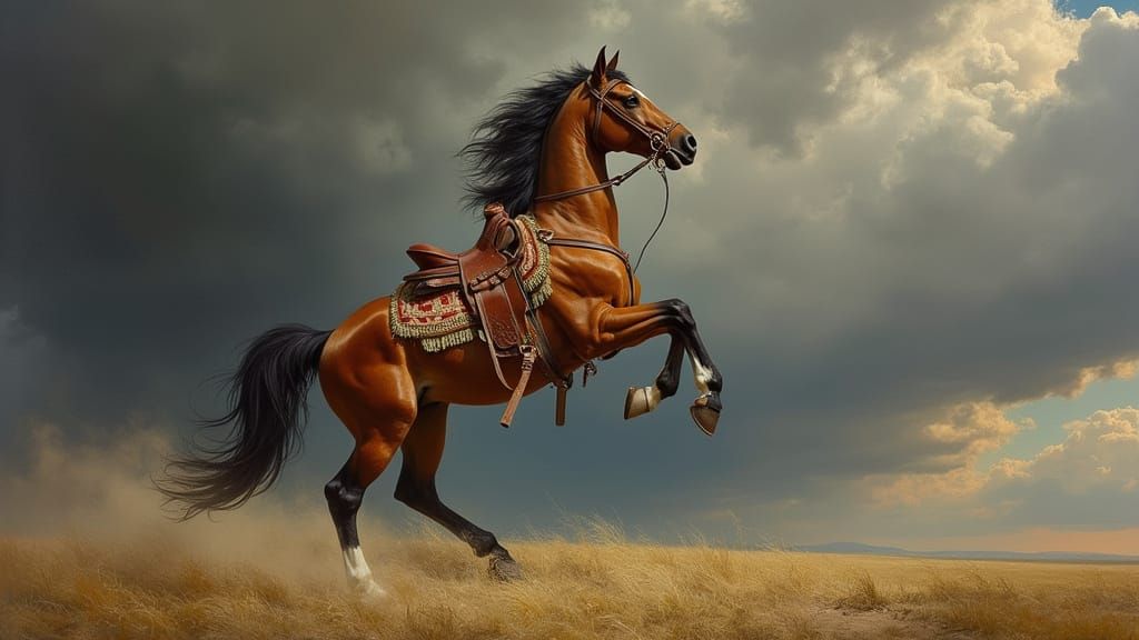 Horse Rearing in Stormy Sky: Dramatic Realism