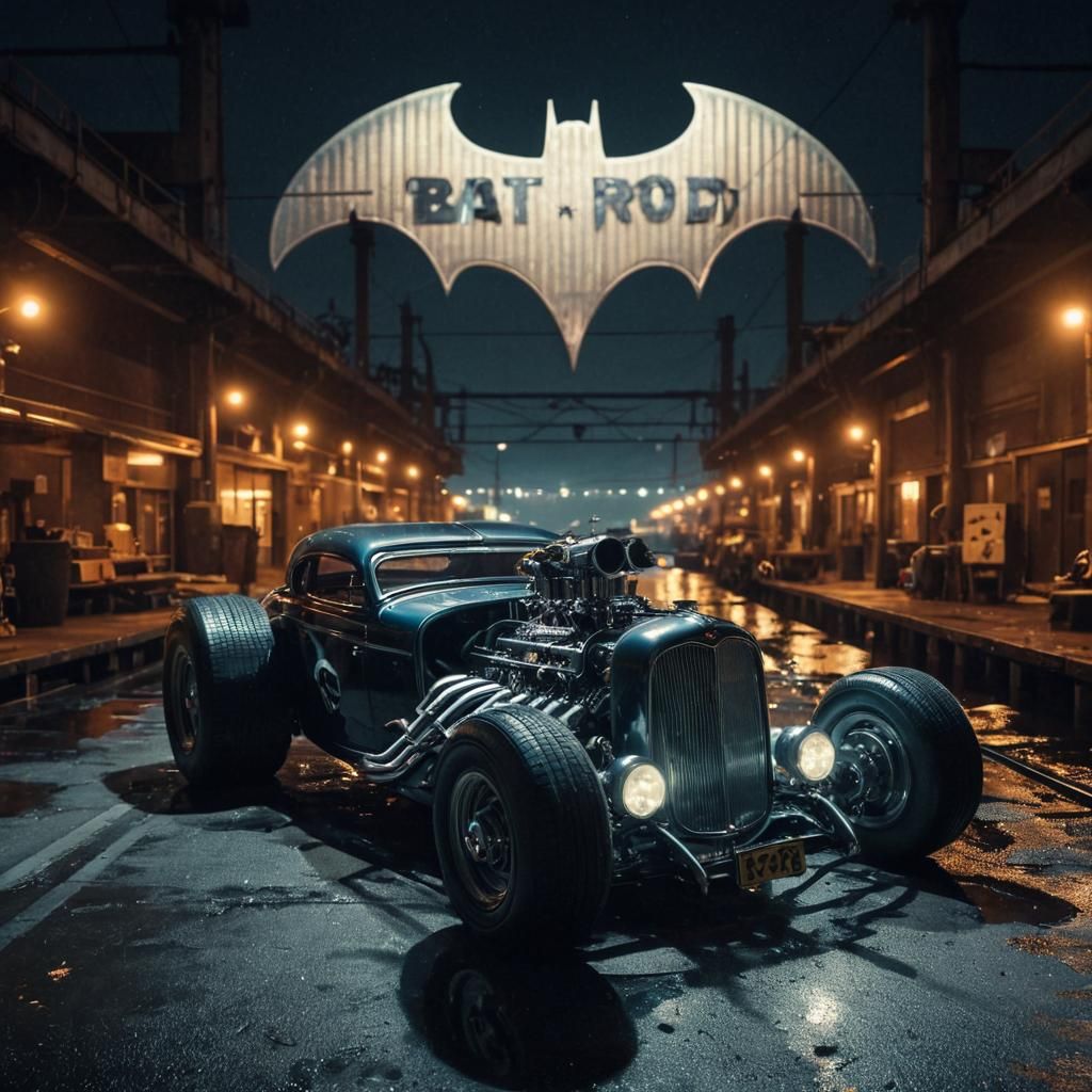 Film Noir Batmobile Hot Rod at Night