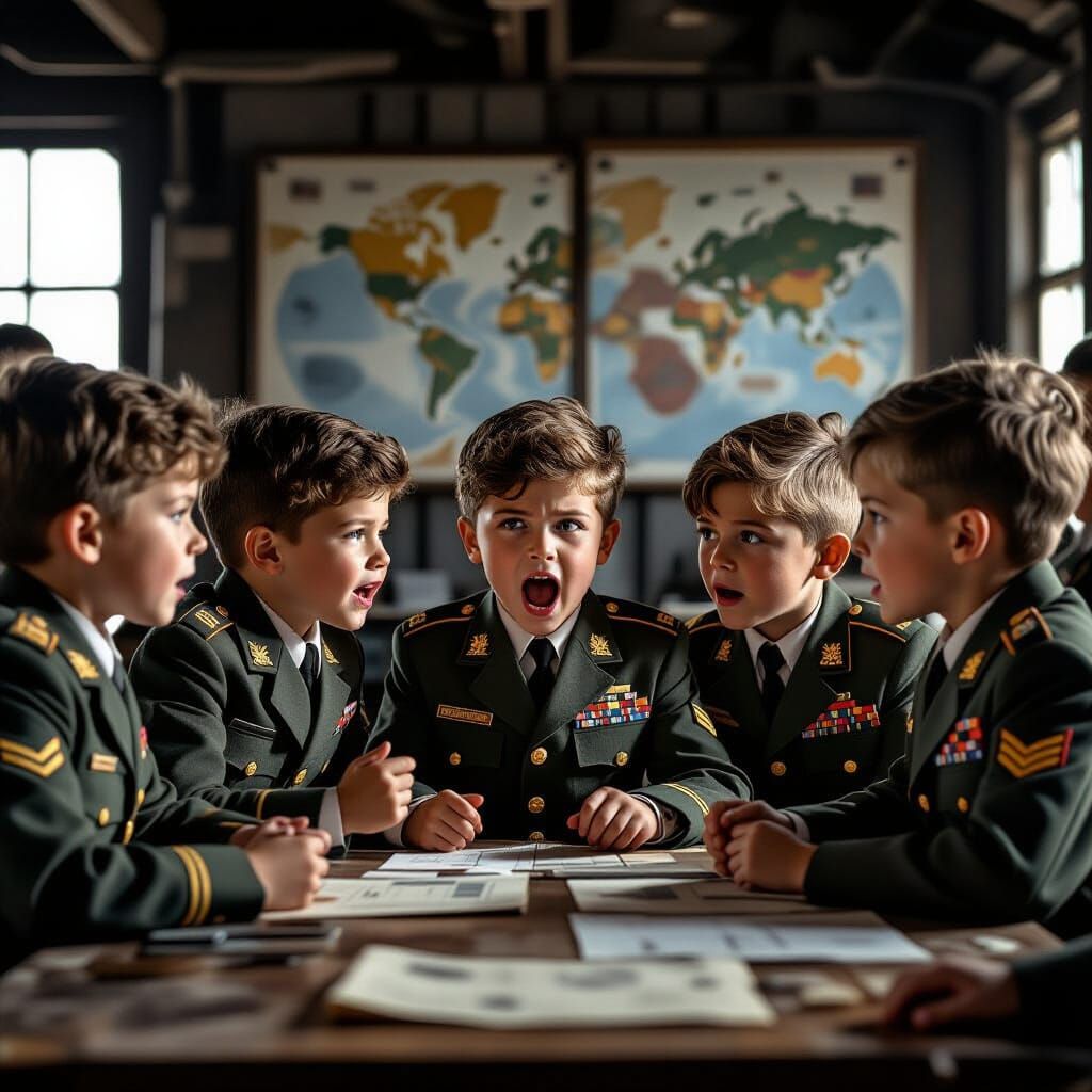 Children Debate War Strategy in Military Command Room